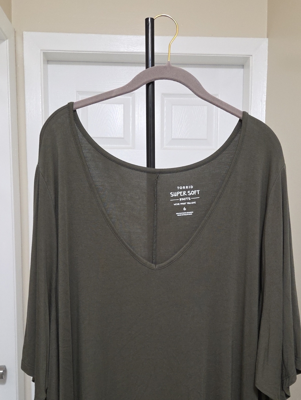 Torrid Plus Size Olive Green Super Soft V-Neck Dress | Stretch Relaxed Drape - Picture 3 of 7